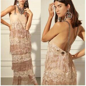 DylanLex Chain Strap Dress in Fringe Beige Nude - Size S
